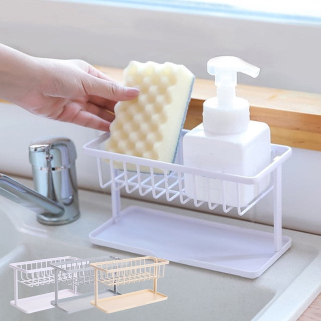 Organizador de esponjas de doble fregadero con dispensador de jabón - Estantería acrílica ABS para fregadero de cocina para esponjas, brochas y utensilios - blanco, gris o beige