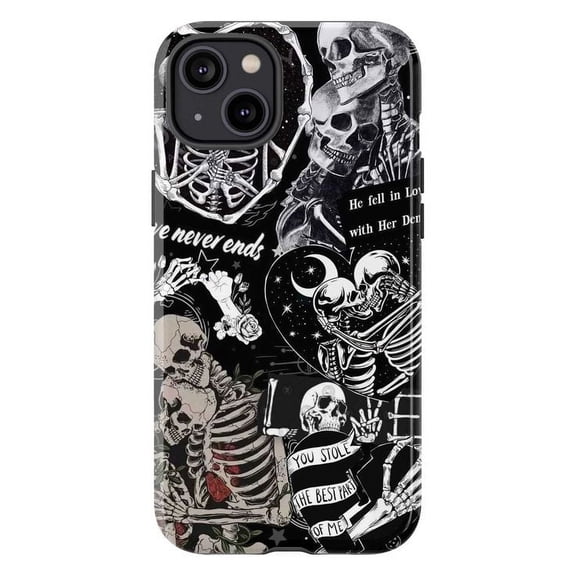 Skeleton Couple Collage with Romantic Quotes Phone Case, Aesthetic Dark Love Phopne Case for iPhone 16 15 14 13 12 11 Mini Pro Max