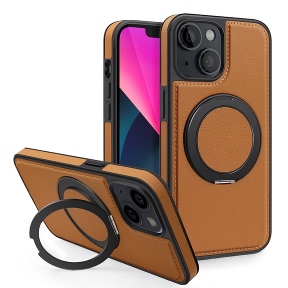 3-in-1 [Magnetic KickStand Ring Holder] for iPhone 15 Plus PU Leather Case, Compatible with MagSafe, Invisible 360° Rotatable Ring Stand Shockproof Protective Magnetic Cover,Brown