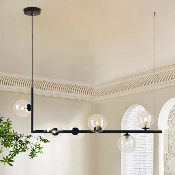 Open Box RRTYO Herculaneum 6-Light Black Modern Linear Branch Glass Bubble Kitchen Island Pendant with Clear Glass Globe for Dining Room