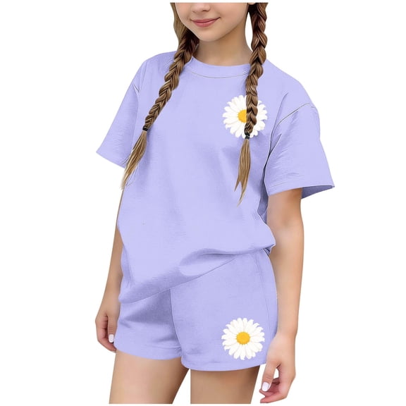Stamzod Girls Outfits Size 10-12 Crewneck Short Sleeve Tshirts and Shorts Girls Summer Clothes Two Piece Sets Purple B 13-14 Years