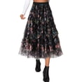 thumbnail image 3 of HXWCHs Women's Floral Print A-Line Mesh Skirt Mid Length Party Dance Elegant Holiday Celebration Attire One Size Black, 3 of 6