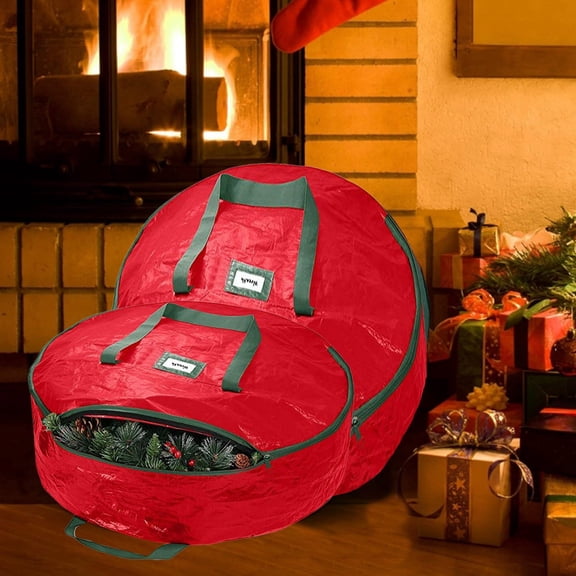 Heavy Duty Christmas Wreath Storage Bag Handles Made Of Durable 600D Oxford Polyester Material Storage Bag Extra Large Holiday Wreaths Container (Red,35.8 Inch)