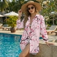 thumbnail image 4 of Xixirimido Pink Butterfly Cherry Blossoms Print Bathing Suit Cover Up for Women V Neck Button Down Swimsuit Coverup Long Sleeve Beach Dress Shirt, Size 3XL, 4 of 7