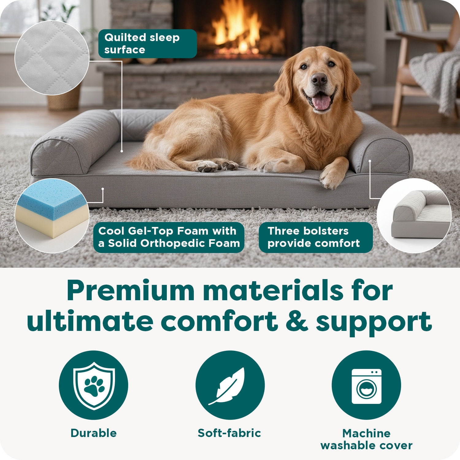 Furhaven Cooling Gel Dog Bed w/ Removable Bolsters & Washable Cover,Quilted Sofa, Jumbo/XL, Silver Gray, 1 Count