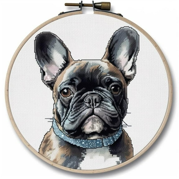 Grey Frenchie Starter Easy Cross Stitch Kits Color Stamped Embroidery Kits DIY 11CT Stamped Patterns Embroidery Needlework Kit Supplies 12 Inch Hoop Included(et-161)