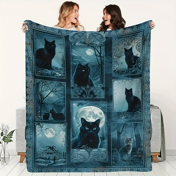 Bohemian Black Cat Flannel Blanket - Soft & Warm All-Season Throw with Mystical Night Sky Print, Machine Washable for Sofa Bed Office Travel, Ideal Gift for Cat Lovers