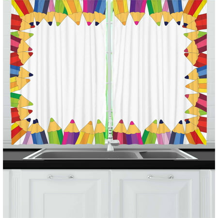 Kids Party Curtains 2 Panels Set, Frame of Colorful Pencils Fun School Time Theme Education Drawing Creativity, Window Drapes for Living Room Bedroom, 55W X 39L Inches, Multicolor, by (Best Room Color For Creativity)