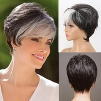 Short Dark Straight Layered Hair Wig With Bangs for Women Short Silver Layered Pixie Cut Wigs with Elegant for Old Lady Wig (Black With Grey)