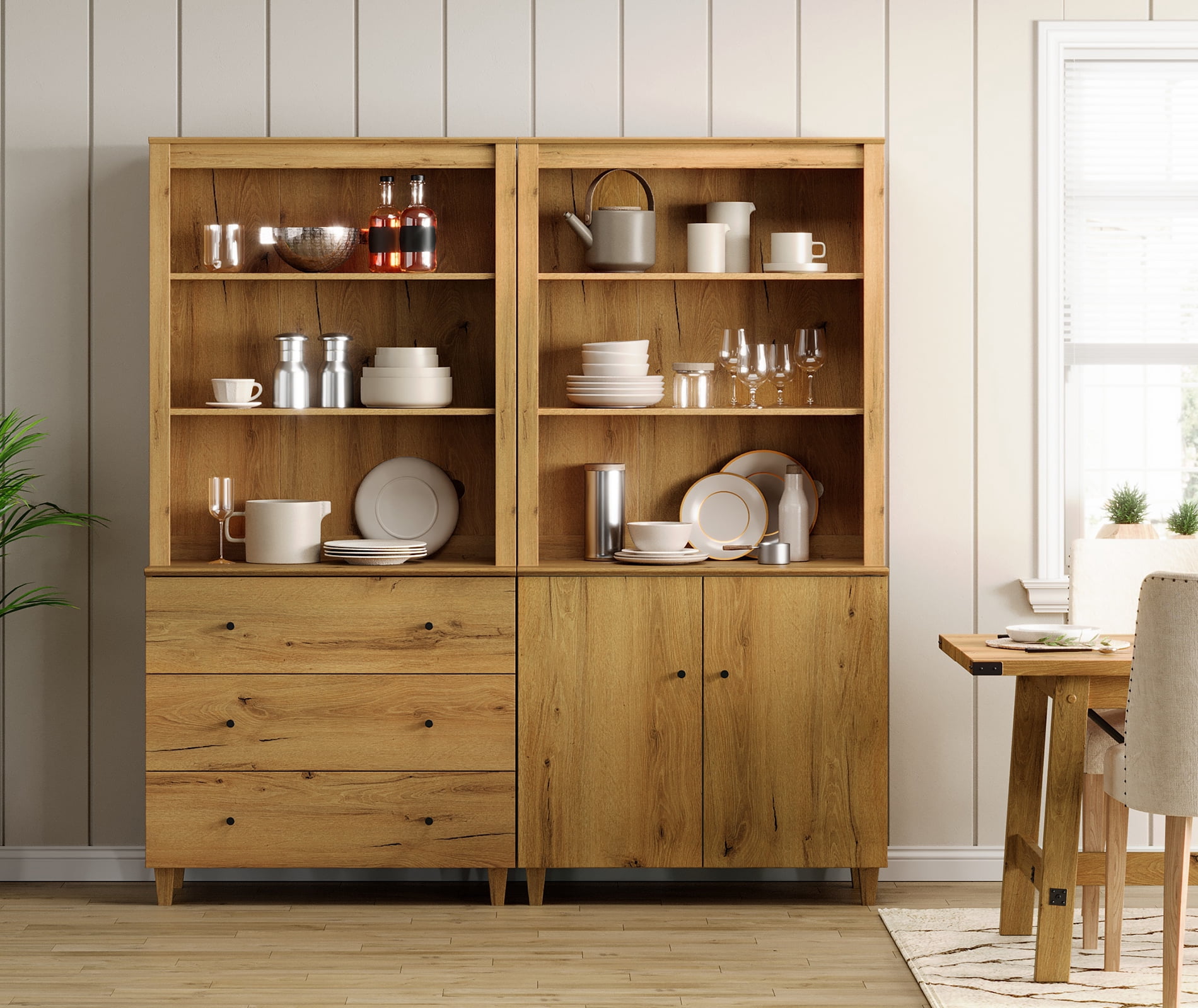 71" Tall Pantry Cabinet Set of 2, 5-Tier Kitchen Storage Pantries with Cabinets and Drawers, Modern Modular Storage Cabinets for Dining Room, Oak Brown
