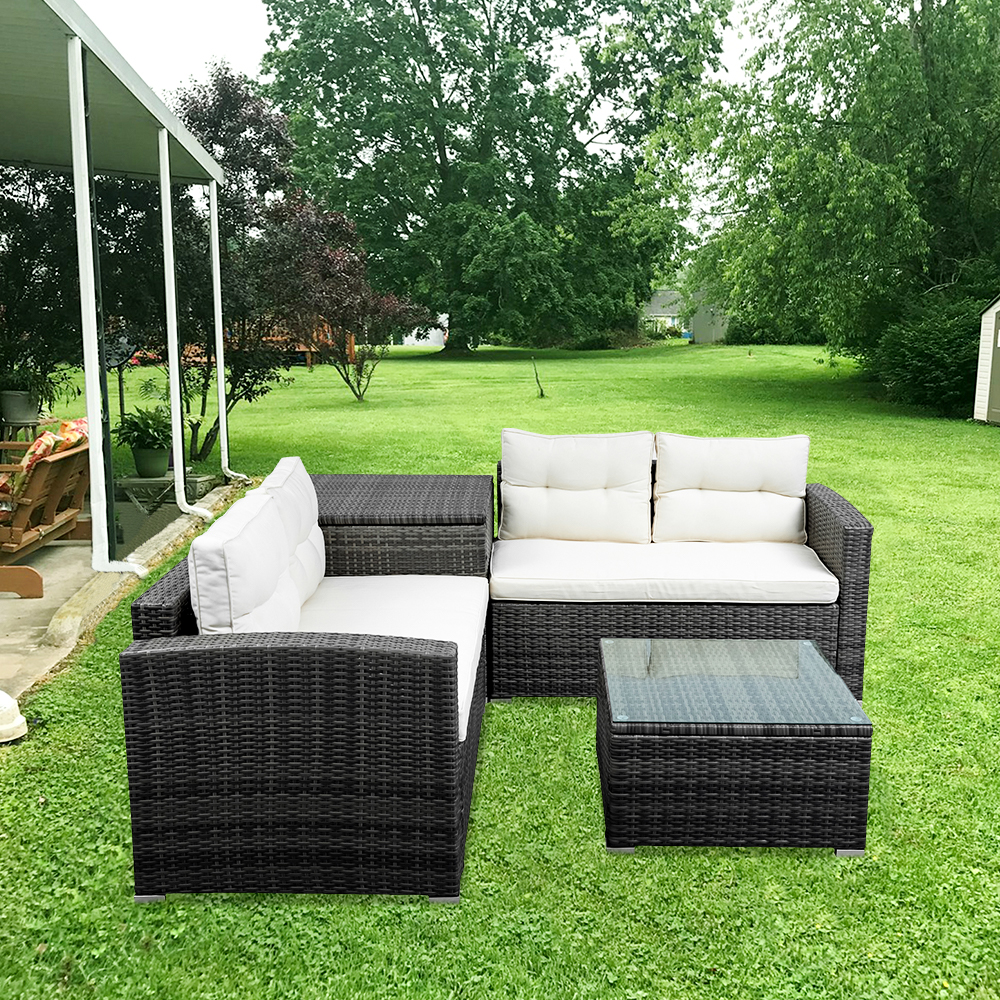 UHOMEPRO Outdoor Patio Furniture Set, 4-Piece PE Rattan Wicker Patio Dining Table Set, Outdoor Conversation Sets with Glass Coffee Table, Patio Bistro Set for Backyard Porch Garden Poolside, Q13777 - image 3 of 12