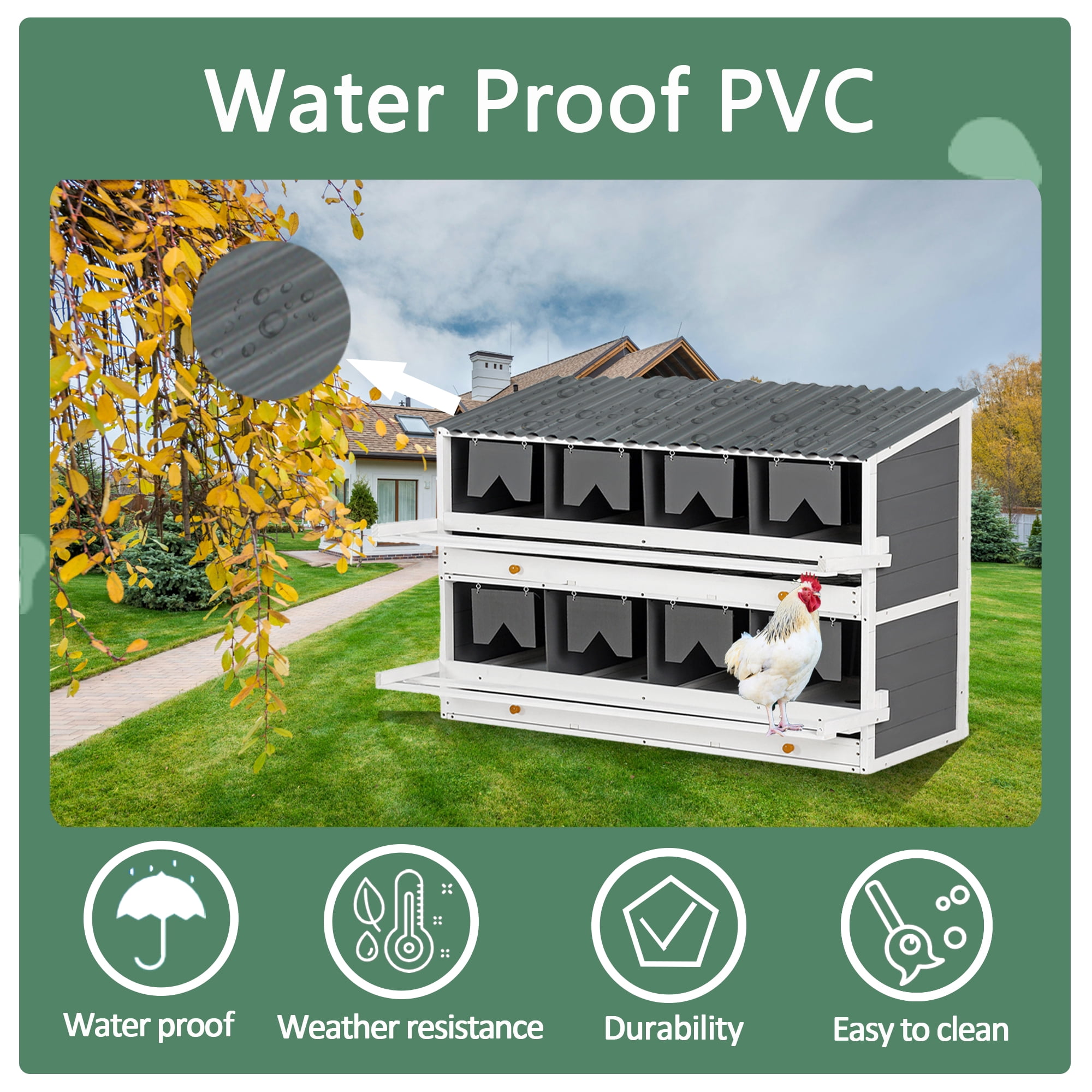Wooden Chicken Nesting Box, 8 Compartments Egg Laying Boxes for Hens, Ducks and Poultry with Rollout Eggs Collection, PVC Roofing and Foldable Perches, 47"Lx26.4"Wx35.4"H