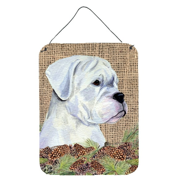 White Boxer on Faux Burlap with Pine Cones Wall or Door Hanging Prints
