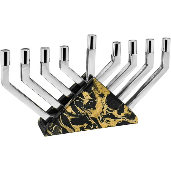 Zion Judaica Modern Black and Gold Marble Menorah Chanukkiah - Metal Hanukkah Candle Holder for Standard Hanukkah Candles 0.38” – Elegant Festival of Lights Designers Menorah Décor