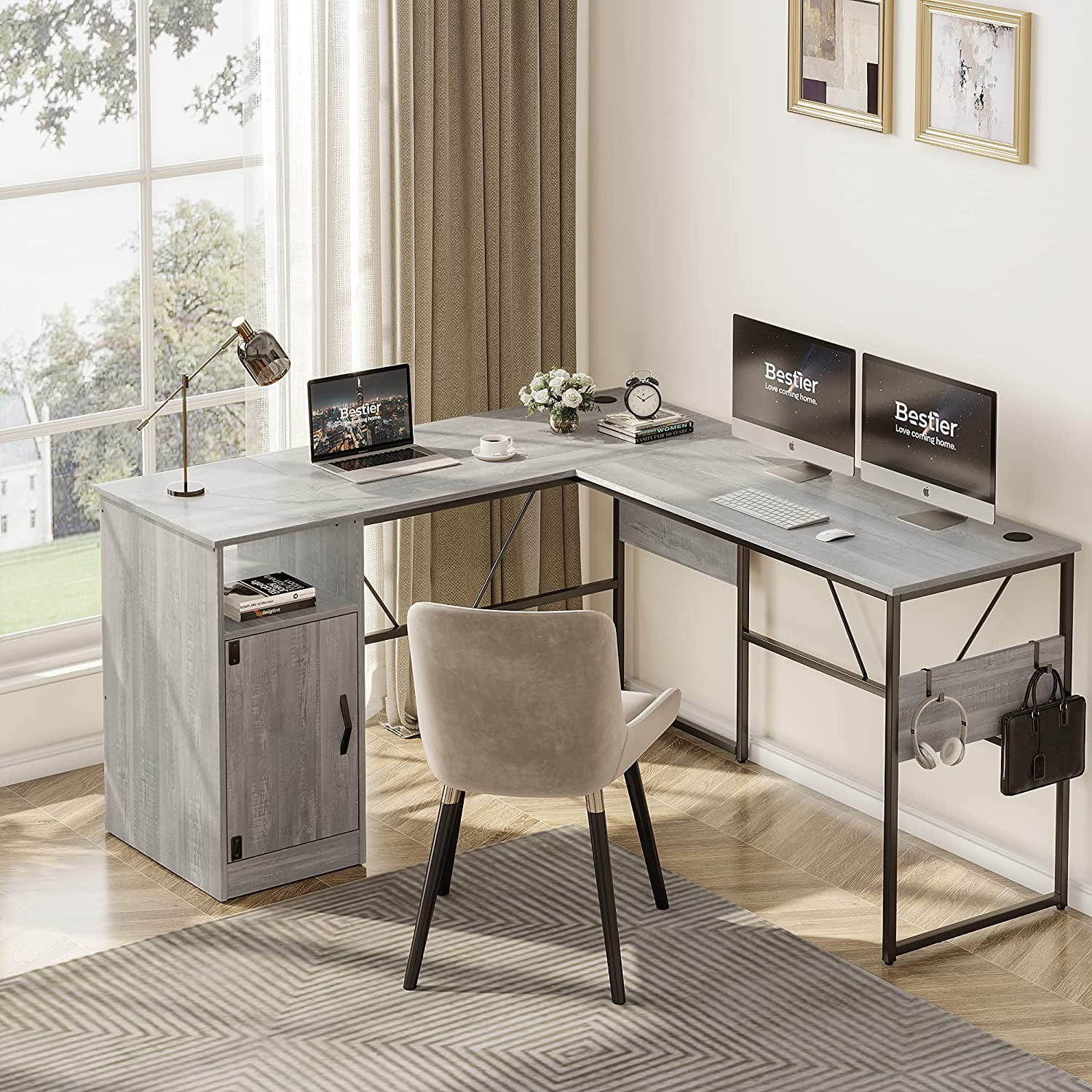Bestier Reversible 60" L Shaped Computer Desk with Storage Cabinet Long Desk for 2 Person Wash White