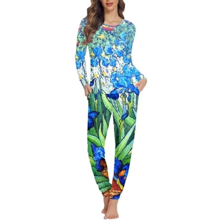 

Renewold 2 Pieces Tredny Pajamas for Women Set Van Gogh Irises in the Garden Repro Flower Athletic Clothing Casual Scoop Neck Loungewear Nightwear Size 4XL