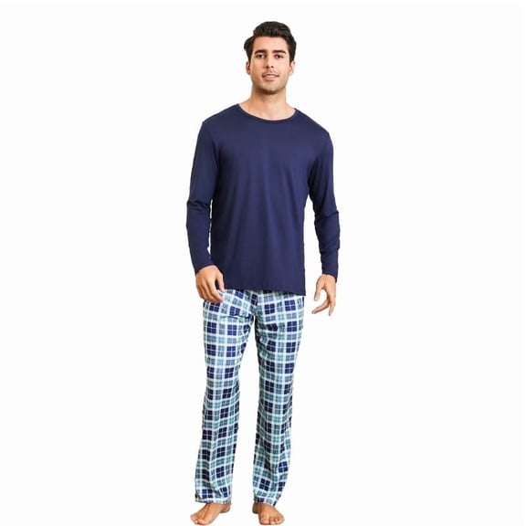 ZEFORTEX Men's Pajamas Set Long Sleeve Top with Plaid Pants Soft Sleepwear Loungewear