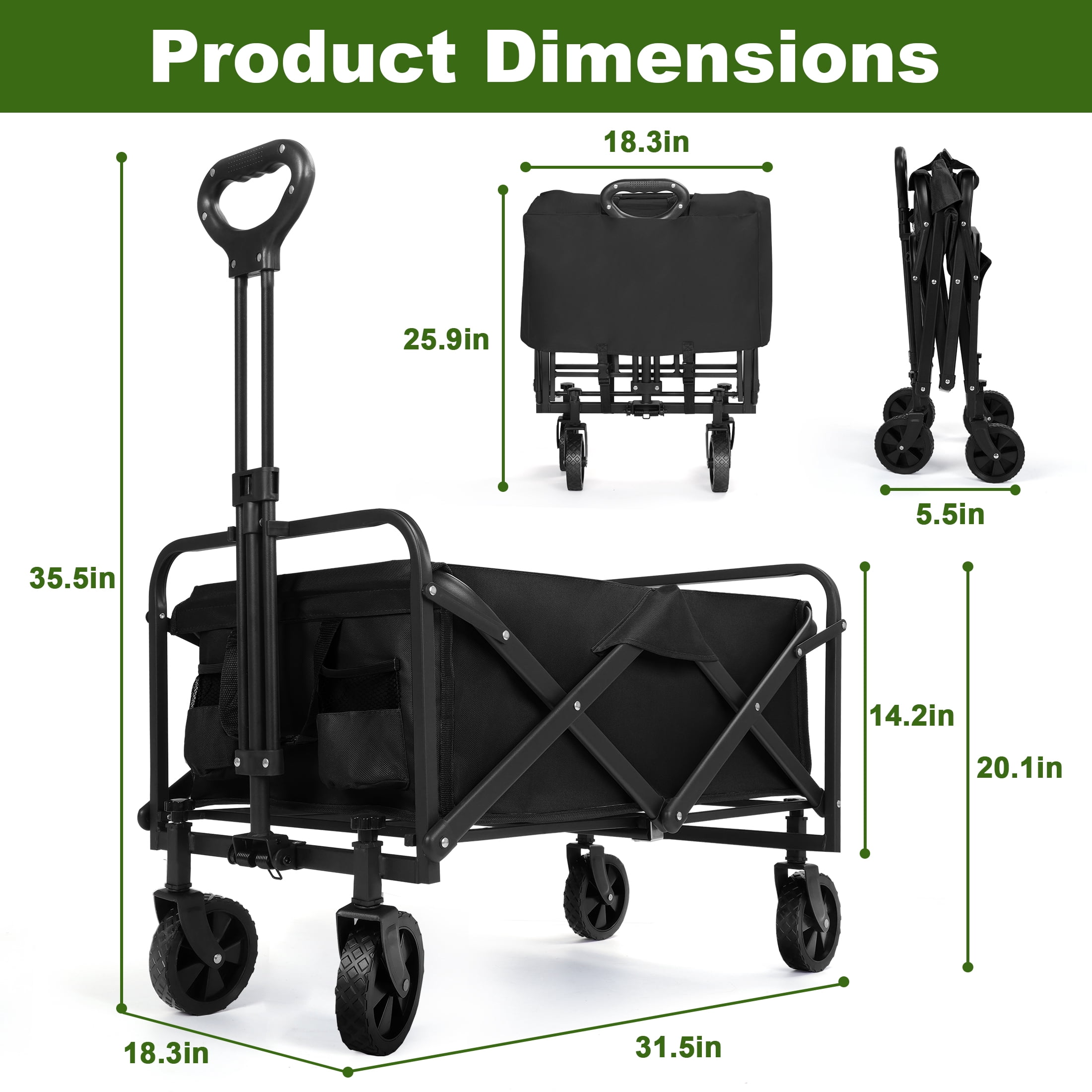 Firstness Collapsible Wagon Cart, Folding Utility Garden Wagon for Camping Beach Picnic Shopping Sports & Grocery, Black