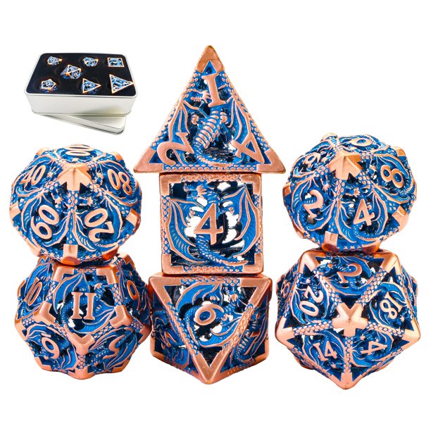 Juego de dados Dnd de metal, juego de dados de dragones y mazmorras, regalos, juego de dados poliédricos huecos de 7 cps con caja de metal de regalo, adecuado para juegos de mesa D&D, torre de tarjeta