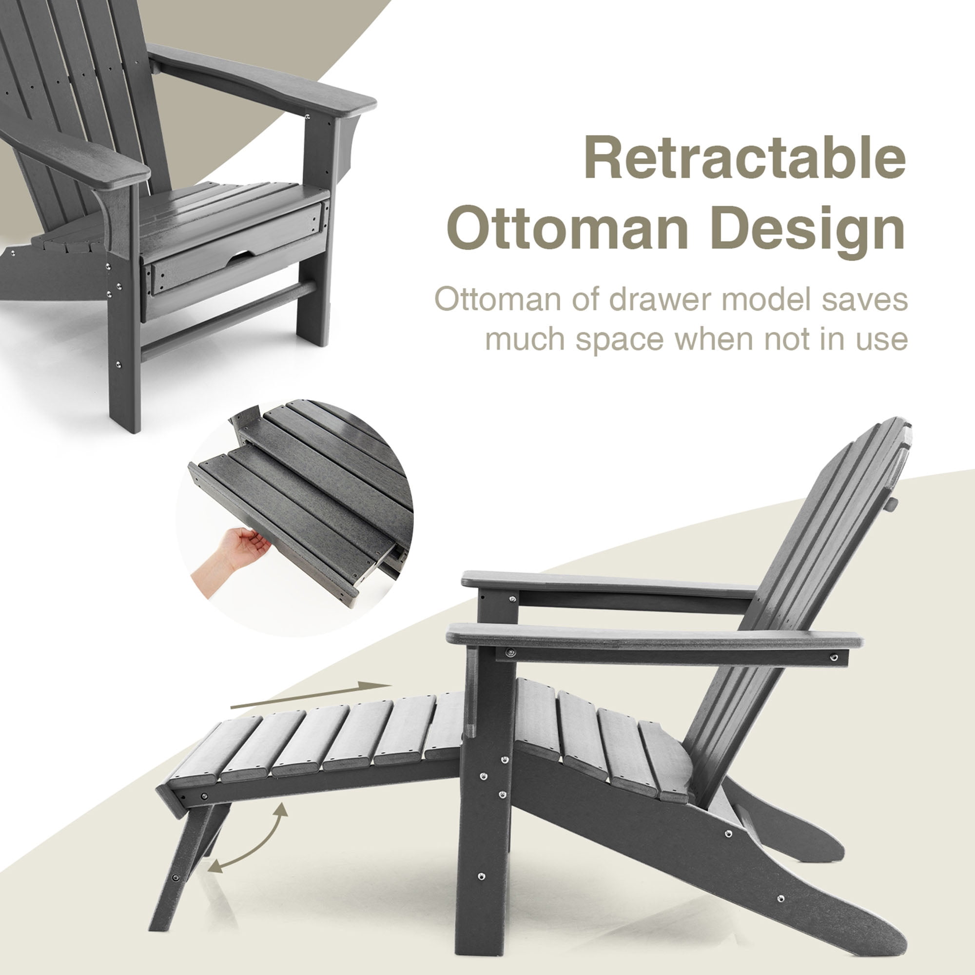 Gymax Patio Adirondack Chair HDPE Outdoor Lounge Chair w/ Retractable Ottoman Grey