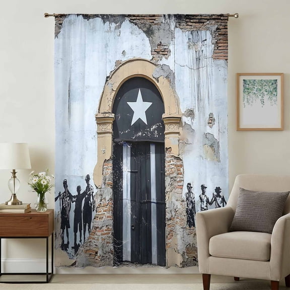 Puerto Rico Flag Sheer Curtains 63 Inches Long, Retro Rustic Door Artwork Picture Prints Light Filering Curtains, Breathable Simi Curtain Privacy Drapes for Living Room Bedroom Window Treatment