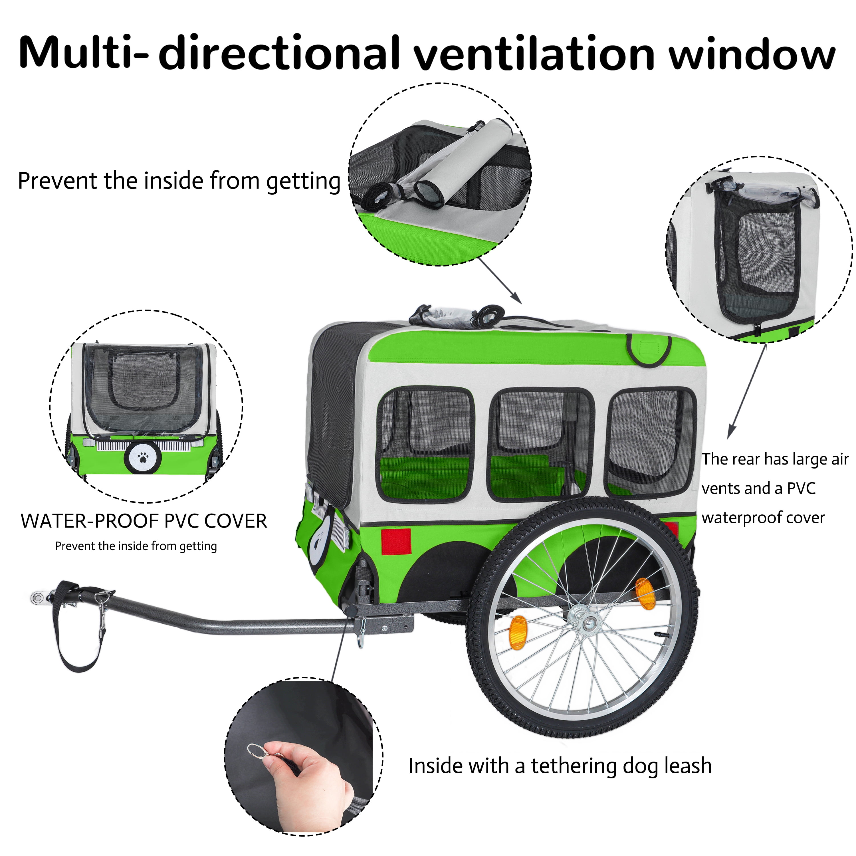 Large Folding Bike Trailer for Dogs - 20×2 1/8 Inches Wheels, Heavy-Duty Steel Frame, Spacious Design, All-Terrain Cycling, Jogging & Camping Adventure, Green