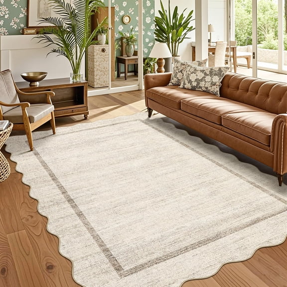 Machine Washable Scalloped Area Rug - Non-Slip Low-Pile, Super Soft Thin Indoor Carpet for Living Room Bedroom Kitchen Office Nursery Hallway - Printed Faux Wool Floral - Beige, 3x5 ft (91x152 cm),