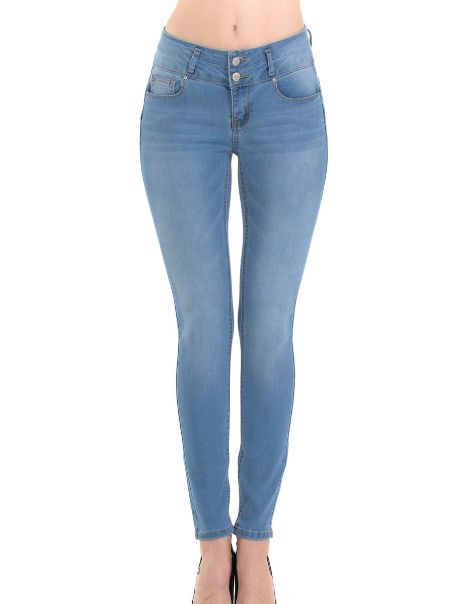 Juniors' 2 Button Stacked Waistband Super Stretch Skinny Jeans ...