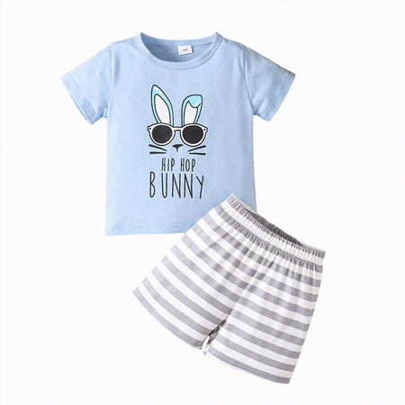 mgoYE Toddler Clothes Baby Boy Easter Outfit Short Sleeve Cotton Tee Funny Rabbit Graphic Tshirts Top Stripe Shorts Set 2Pcs Toddler Summer Clothes(Sky Blue 7-8 Years)
