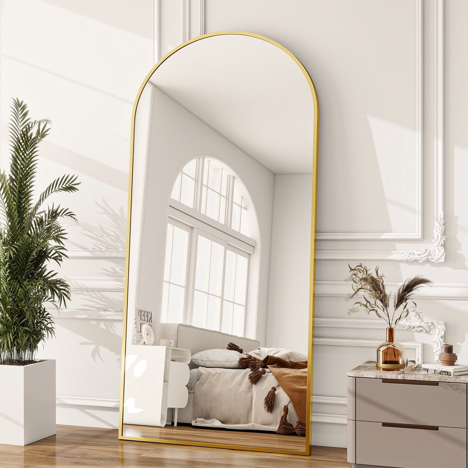 SHATTERVIEW 71"x30" Arched Floor Mirror Full Length Standing Body Dressing Mirror, Gold