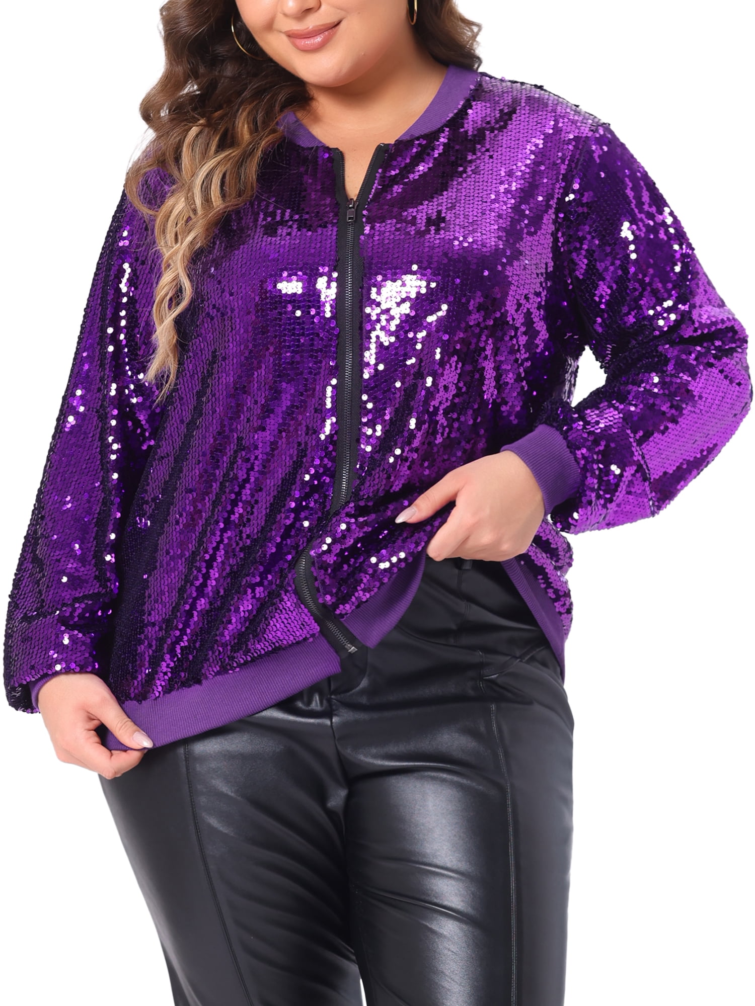 DARING DIVA Women's Plus Size Shiny Glitter Sequin Bomber Jacket 3X Purple