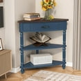 thumbnail image 3 of 33.86" Corner Table, Wood 3 Tier Triangle Side Table Corner Shelf Stand with Solid Wood Legs 1 Drawer & 2 Storage Shelves for Living Room Small Space (Navy Blue), 3 of 9