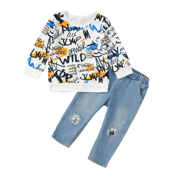 6 Months Baby Boys Clothes 9 Months Boys 2PCS Fall Winter Outfits Set Letter Print Round Neck Infant Boys Long Sleeve Top Denim Pants Set White