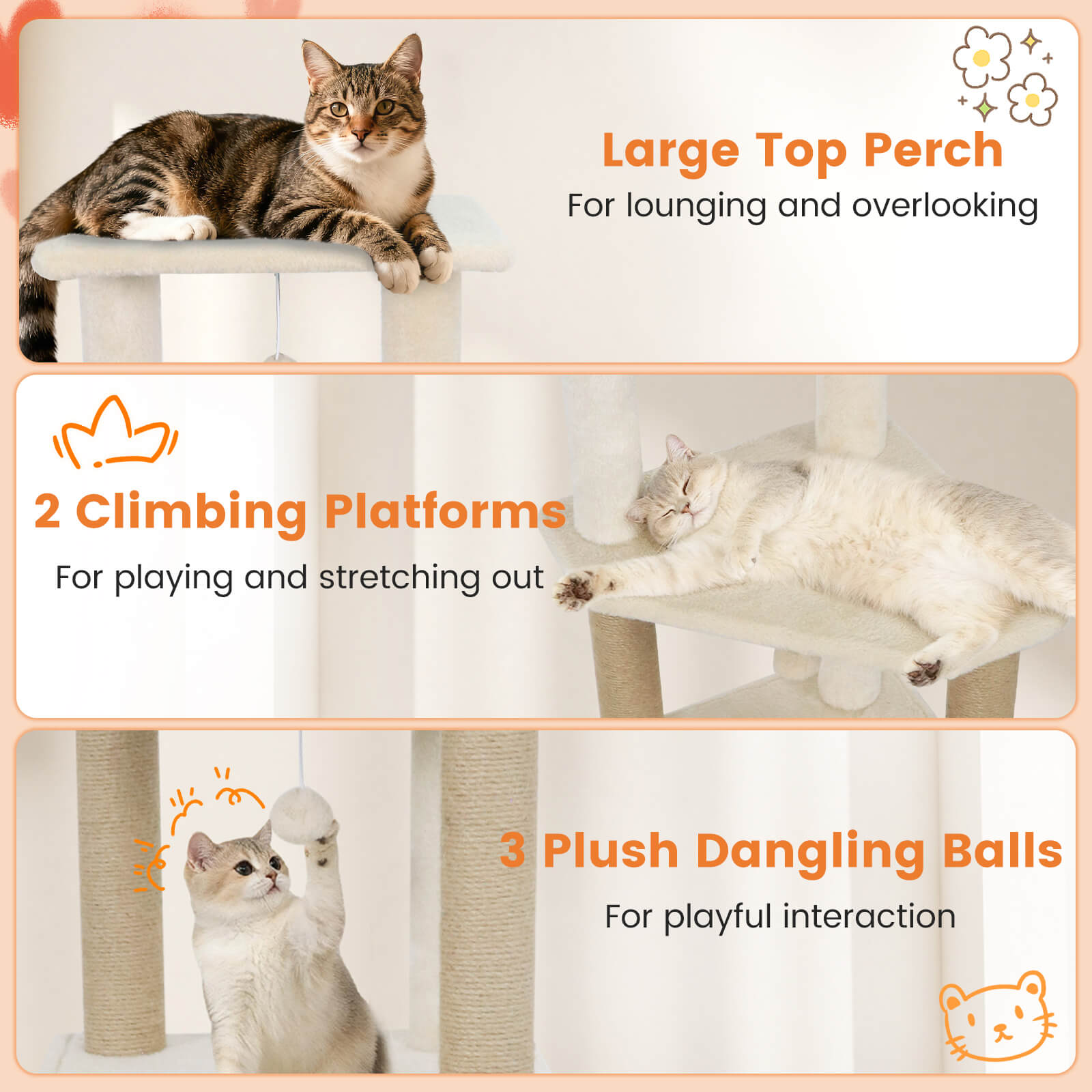 Costway 64” Tall Cat Tree with 2 Large Condos, Jute Scratching Posts, Plush Top Perch Beige