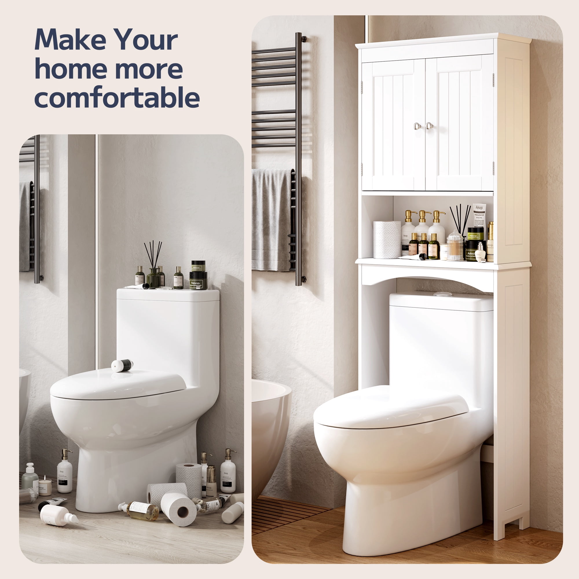 Over the Toilet Storage Cabinet, Asofer Bathroom Space Saver Organizer above Toilet with Adjustable Shelf & 2 Doors, White