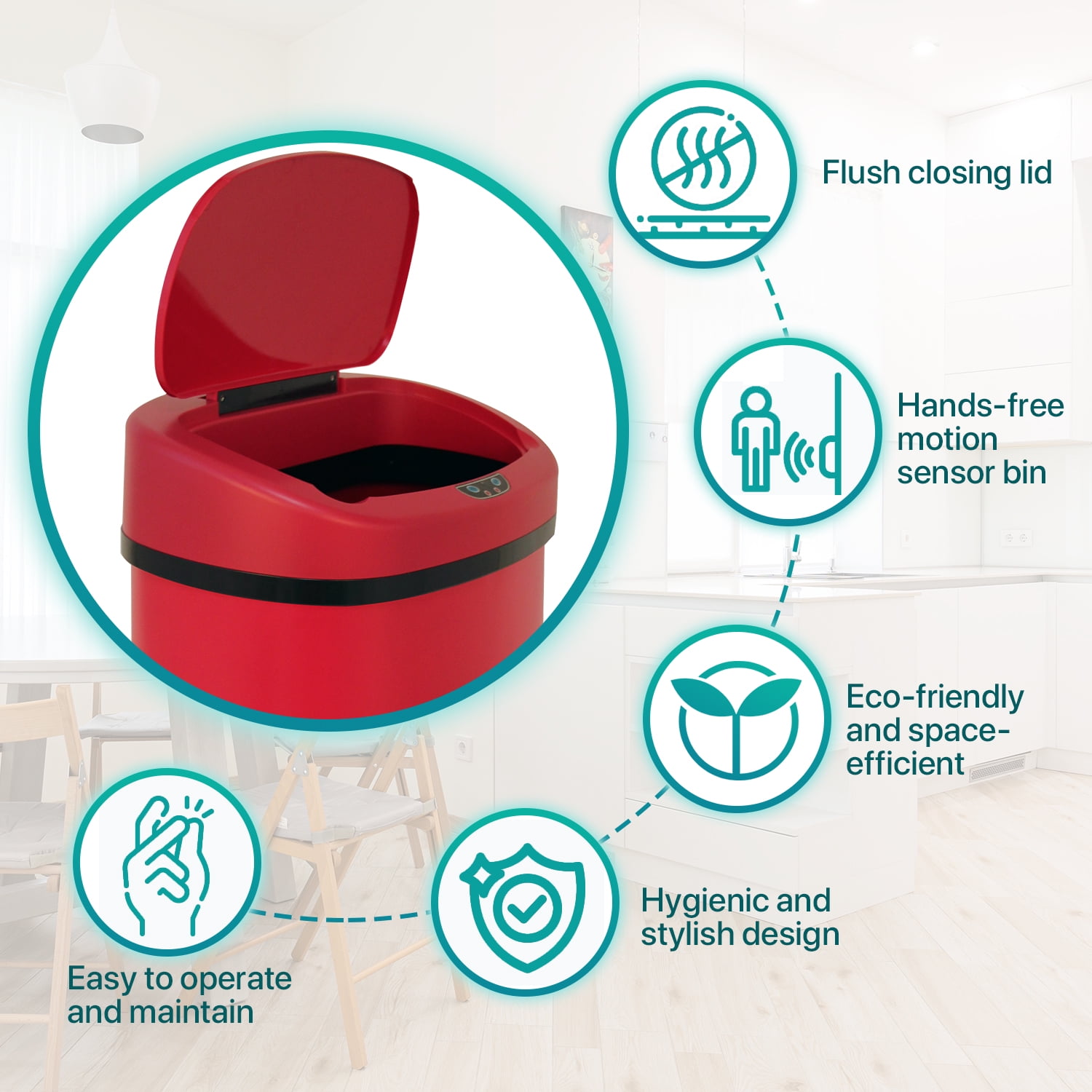 Kitchen Trash Can 13 Gallon Garbage Can, Sensor Trash Can Touchless Stainless Steel Trash Can, Brushed Dustbin 50 Liter Motion Trash Bin Metal Waste Bin with Lid for Home Bathroom Offic, Red