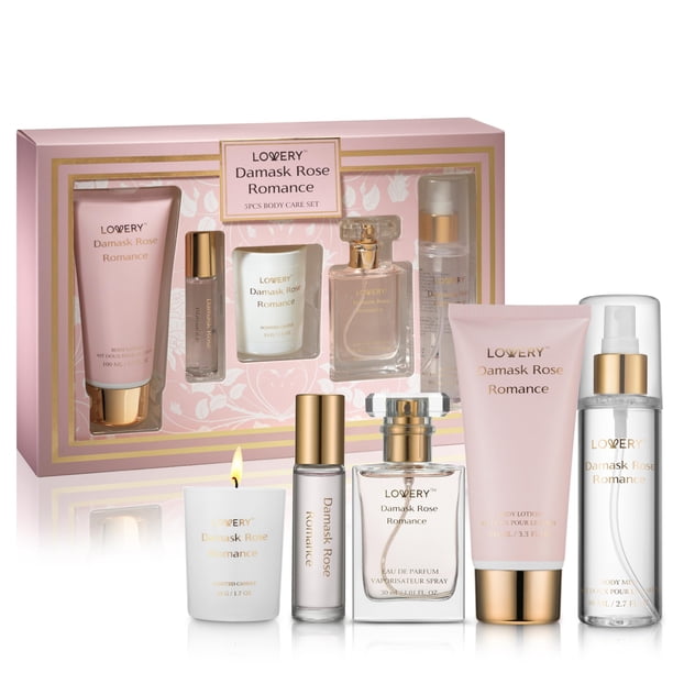 Regalos para mujer Regalos de cumpleaños para mamá Regalos de cuidado personal para mujeres Damasco Rosa Romance Spa Kit con vela de soja Perfume Roll On Body Lotion Body Mist & Eau de Parfum - Set de