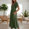 thumbnail image 4 of cocolona Womens Summer Linen Long Dress V Neck Short Sleeve Pleated Flowy Sun Dress Fashion Casual Loose Beach Dress with Pockets, 4 of 6