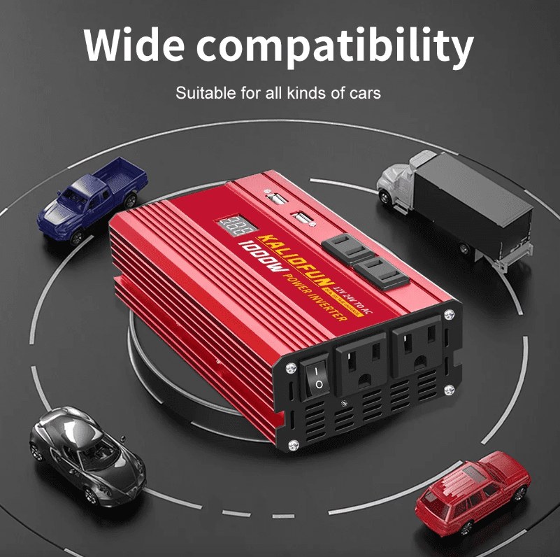 Power Inverter 1000W - 12V/24V Universal Voltage, 110V Output , with LED Display, Red Aluminum Alloy Case