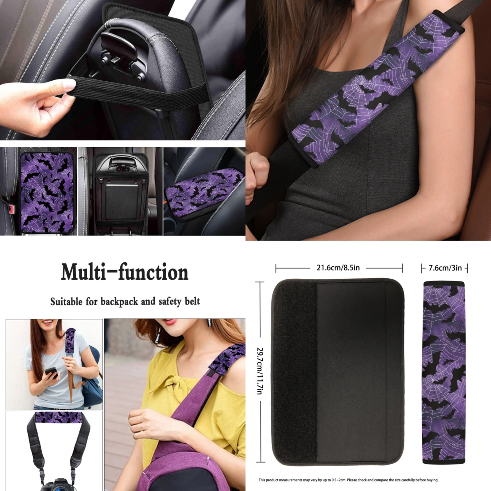 Yuyamidu Bat Car Seat Covers Full Set Purple Cobweb Steering Wheel Cover Safe Belt Pads Center Console Cover Lip Balm Pouch Coasters Keychain, Auto Interior Accessories Set of 13