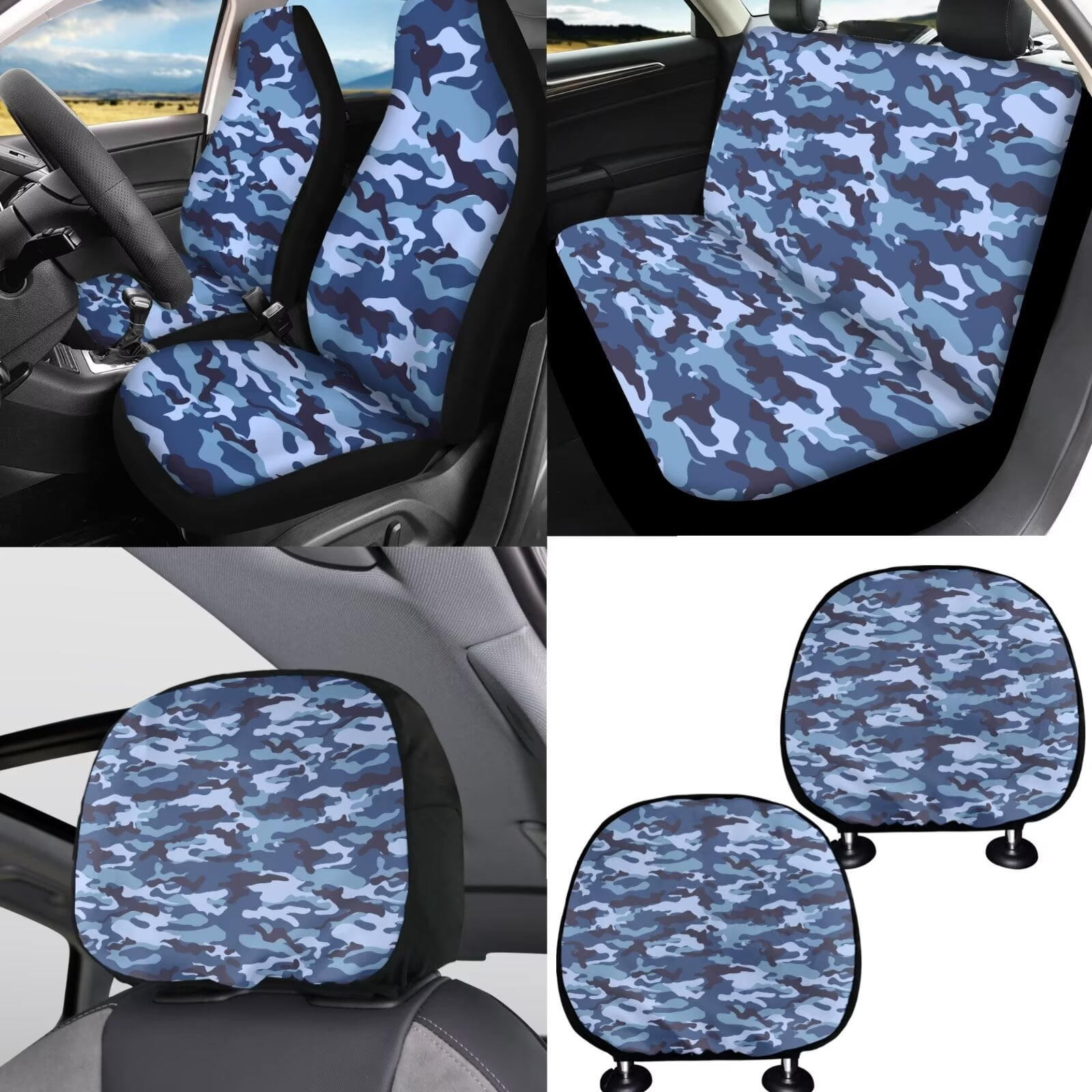 FKELYI Camo Blue Print Car Seat Covers with Steering Wheel Cover Seatbelt Pads Cover Cup Coaster Armrest Pads Hearest Cover Anti-Slip Gear Shift Knob Sleeve, 16 Pcs Car Interior Set