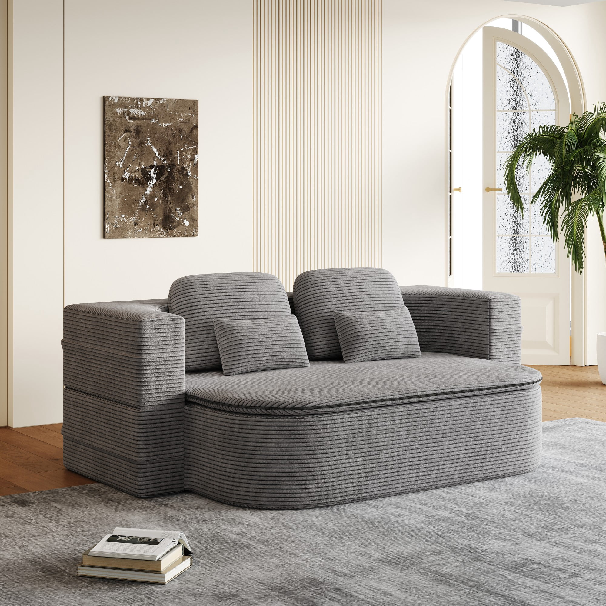 2-in-1 Convertible Sofa Bed,75'' Foldable Sleeper Sofa Bed,Corduroy Floor Folding Sofa Bed Lounge Sofa with Multi Functional Blanket for Living Room Bedroom,Grey
