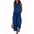 thumbnail image 2 of Women's Linen 2 Piece Outfits Sleeveless Ruffle Top Wide Leg Pants Summer Loungewear Beach Sets Blue M, 2 of 8