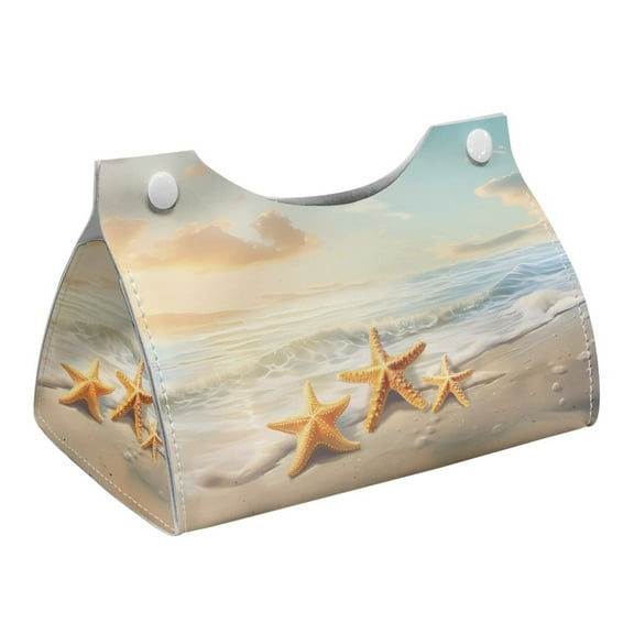 COEQINE PU Leather Tissue Box Cover Rectangle Tissue Case Holder Facial Tissue Dispenser for Vanity Countertop, Bedroom Dresser, Office Home Decorative, Beach Starfish Gold