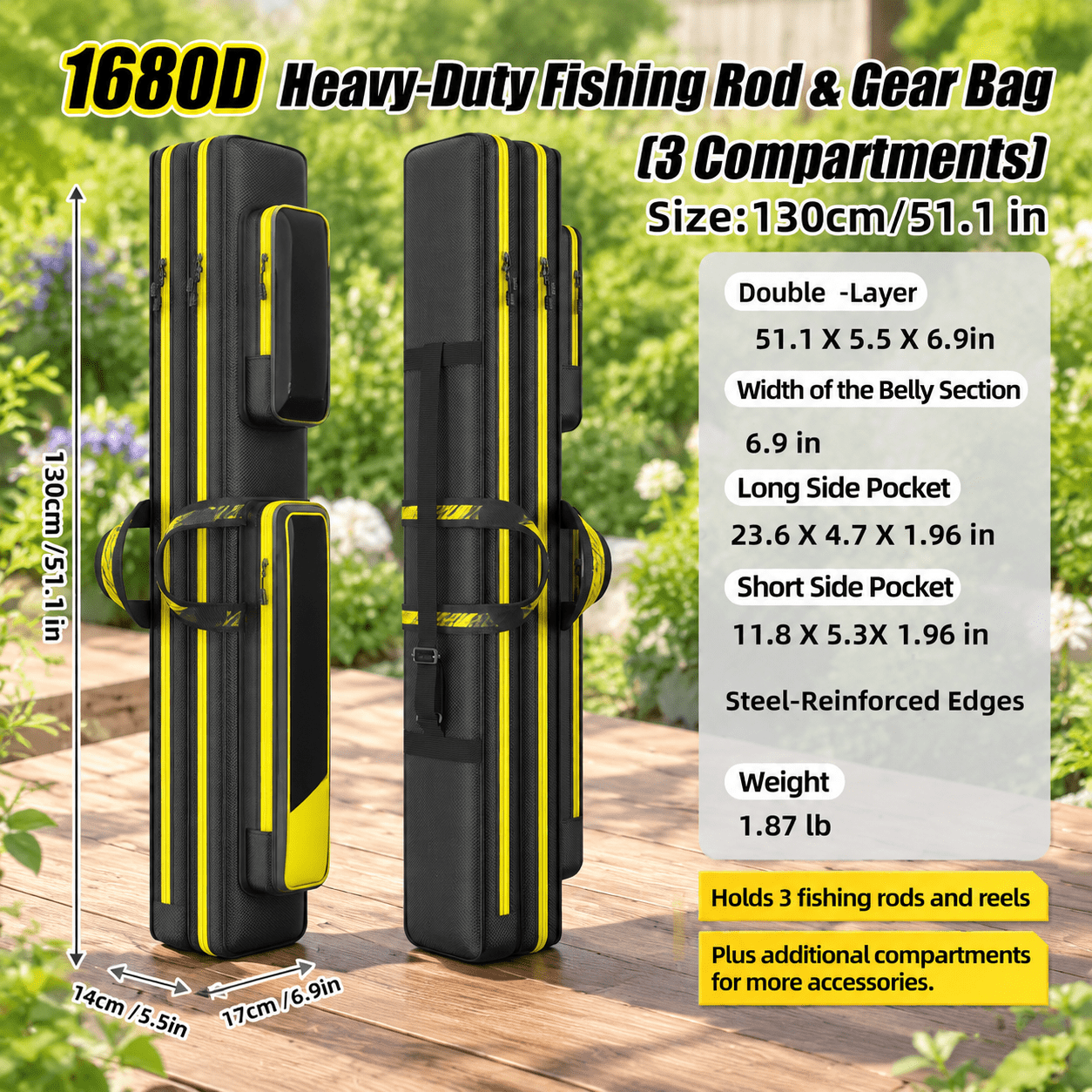 Double Layer-Straight Wire Bag 51 in / 130cm Fishing Rod Travel Case