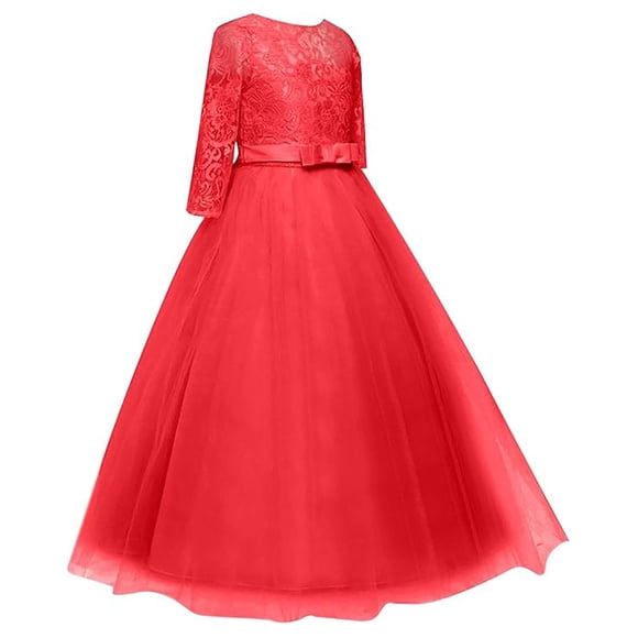 JIRNDf Flower Girl Dresses For Wedding Elegant Ball Gown Party Princess Performance Tutu Lace Child Bowknot Skirt Formal Casual Girls Summer Dress Red 7-8 Years