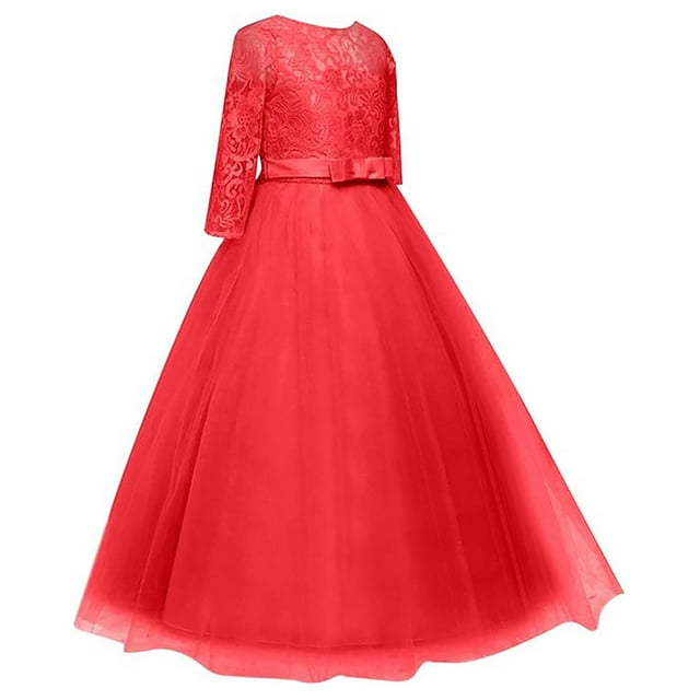 XDZJLR Robes Filles Performance Tutu Formel Fleur Dentelle Vêtements de Mariage Enfant Jupe Nœud Rouge 7-8 Ans