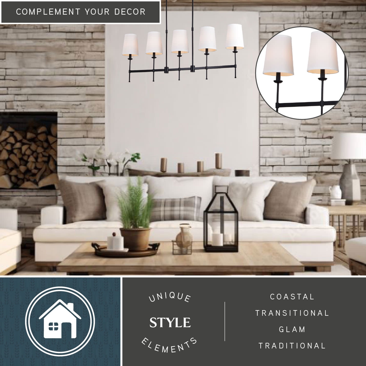 Camden 5 Light Matte Black Linear Chandelier Island Pendant Fixture White Fabric Shade, LED Compatible