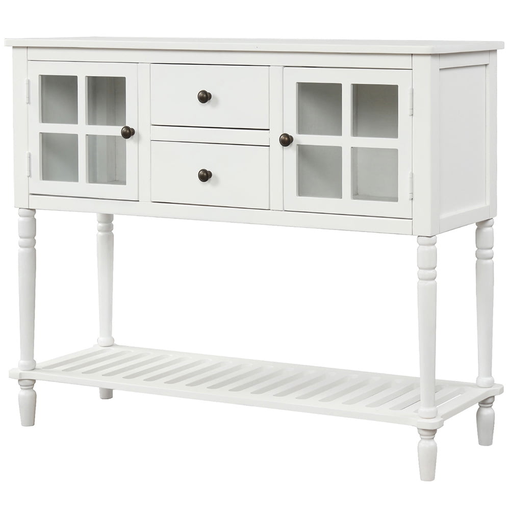 Lowestbest Farmhouse Buffet Sideboard, Wood Storage Cabinet with Bottom Shelf, Glass Console Table for Kitchen Room, White Lowestbest Farmhouse Buffet Sideboard, Wood Storage Cabinet with Bottom Shelf, Glass Console Table for Kitchen Room, White