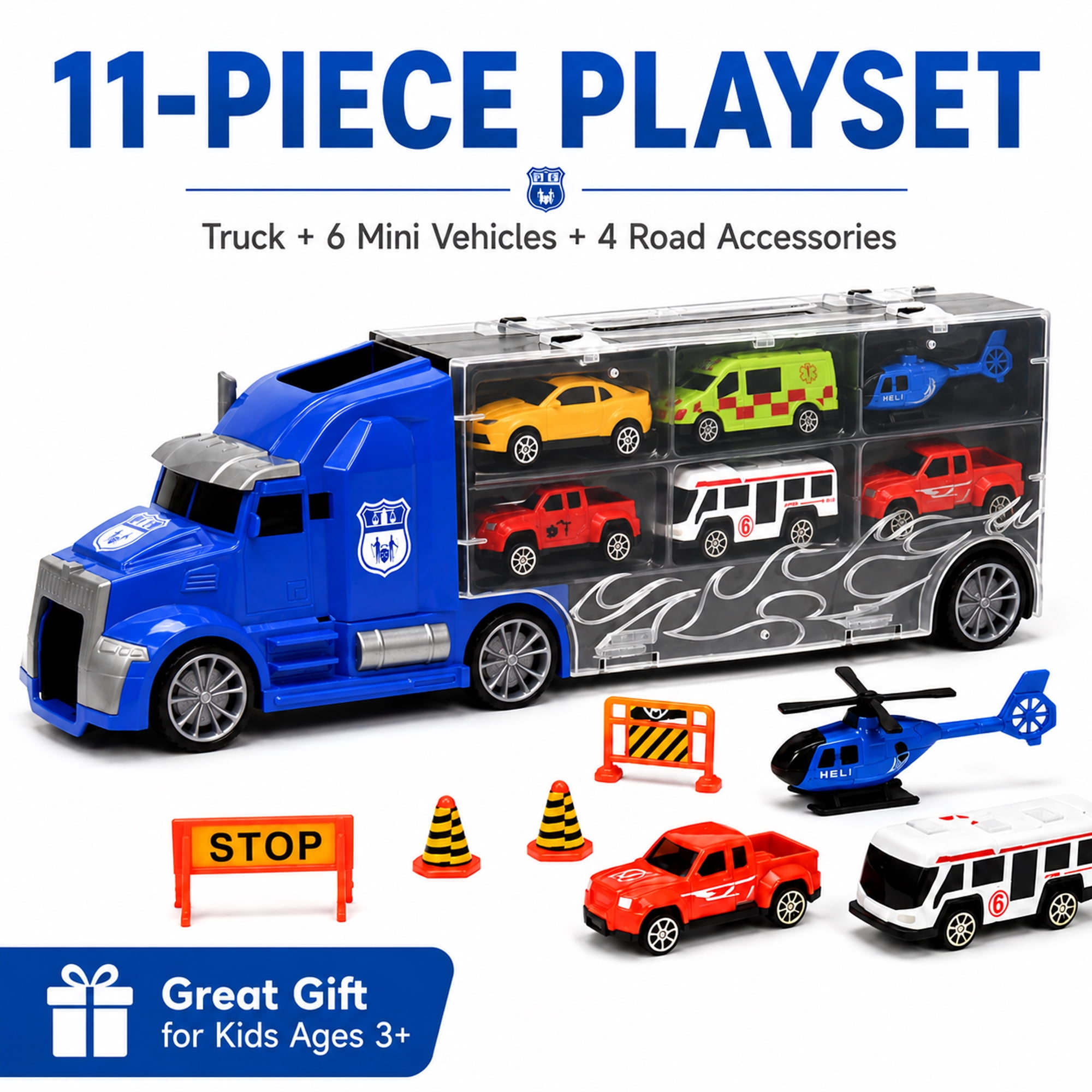 11-Piece Toy Truck Carrier Set with Mini Vehicles, Big Rig Transporter Playset with Cars, Helicopter, Bus & Road Signs, Storage Truck Toy for Kids Ages 3+